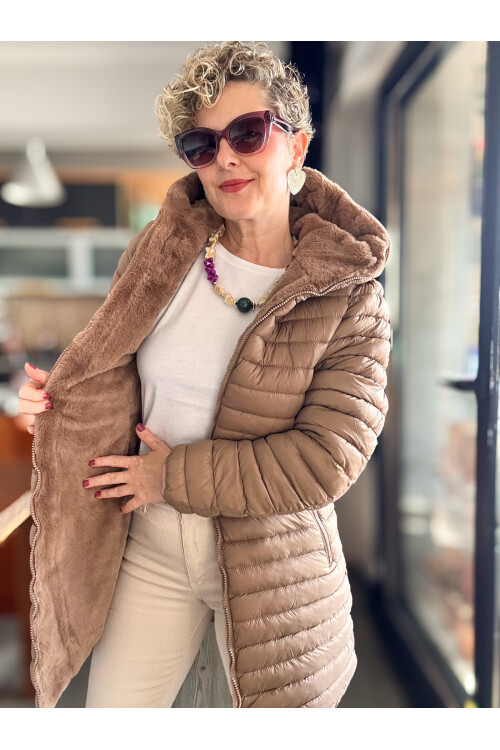 Ping İthal Çift Taraflı Anorak Peluş Uzun Mont Camel