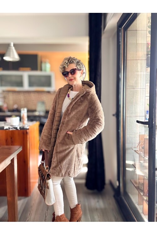 Ping İthal Çift Taraflı Anorak Peluş Uzun Mont Camel