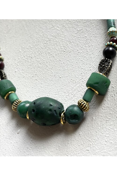 Ragis Pirinç Cam Etnik Kolye Yeşil