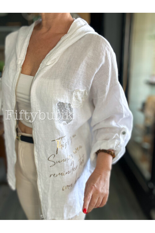 Ranetto İtalyan Vip Kapşon Yazı Detay Ceket Beyaz