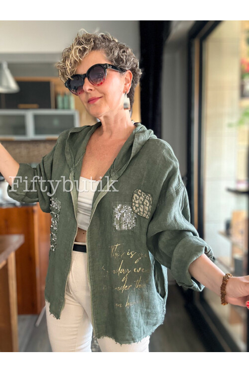 Ranetto İtalyan Vip Kapşon Yazı Detay Ceket Haki