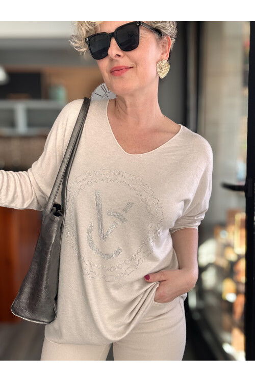 Rasly İtalyan Taş Detay Triko Bluz Bej