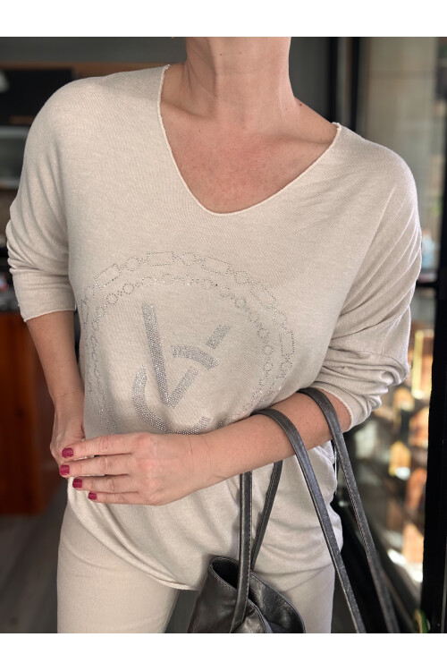 Rasly İtalyan Taş Detay Triko Bluz Bej