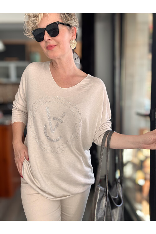 Rasly İtalyan Taş Detay Triko Bluz Bej