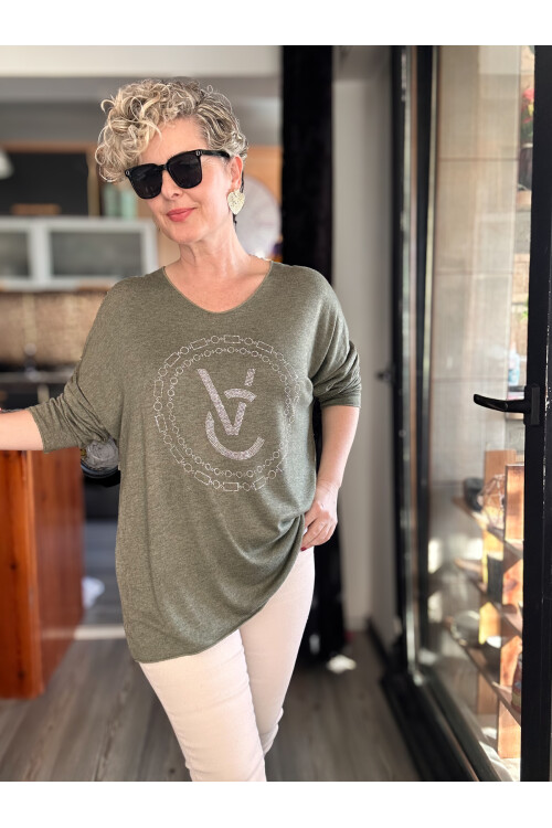 Rasly İtalyan Taş Detay Triko Bluz Haki