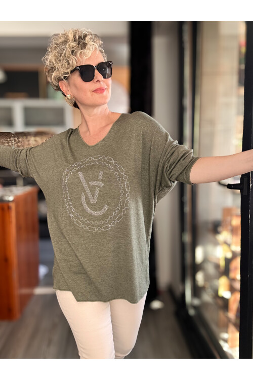 Rasly İtalyan Taş Detay Triko Bluz Haki