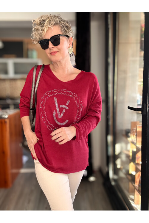 Rasly İtalyan Taş Detay Triko Bluz Red