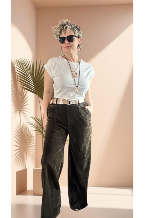 Rella İtalyan Şönil Kemerli Palazzo Pantolon Haki