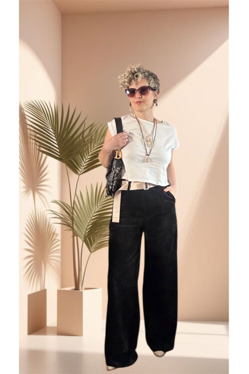 Rella İtalyan Şönil Kemerli Palazzo Pantolon Siyah