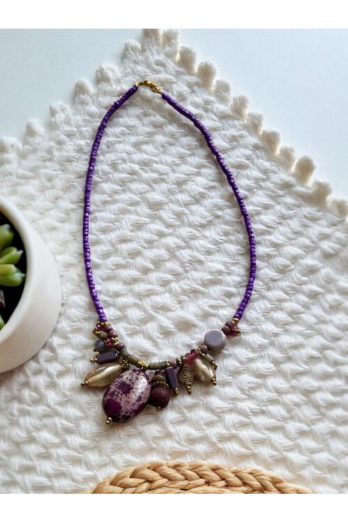 Reteg Pirinç Cam Doğal Taş Etnik Kolye