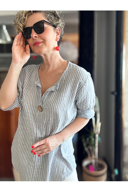 Rimmi İtalyan Çizgili Düğme Detay Bluz Açık Gri
