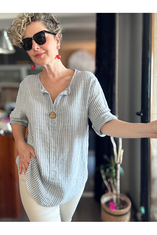 Rimmi İtalyan Çizgili Düğme Detay Bluz Açık Gri