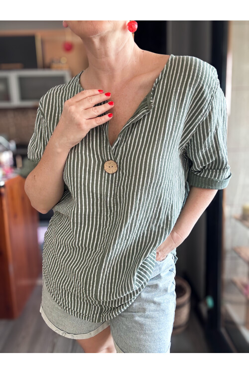 Rimmi İtalyan Çizgili Düğme Detay Bluz Haki