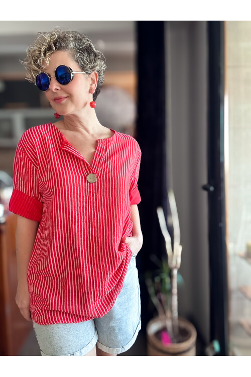 Rimmi İtalyan Çizgili Düğme Detay Bluz Kırmızı