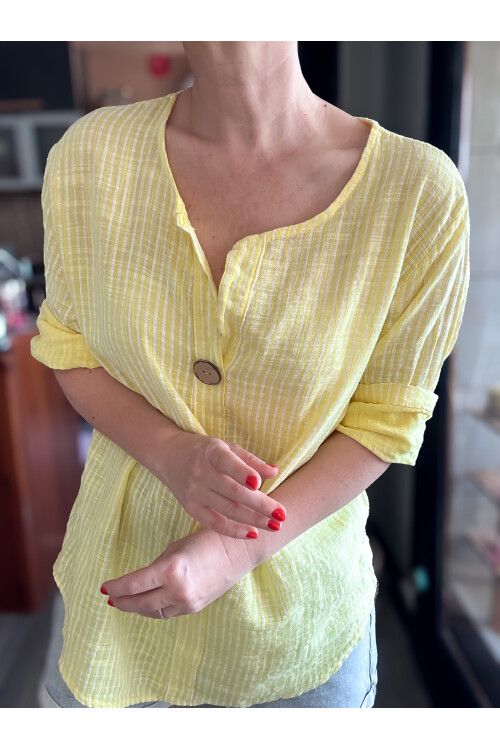 Rimmi İtalyan Çizgili Düğme Detay Bluz Sarı