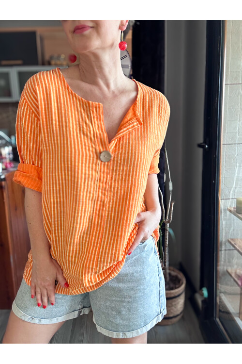 Rimmi İtalyan Çizgili Düğme Detay Bluz Turuncu