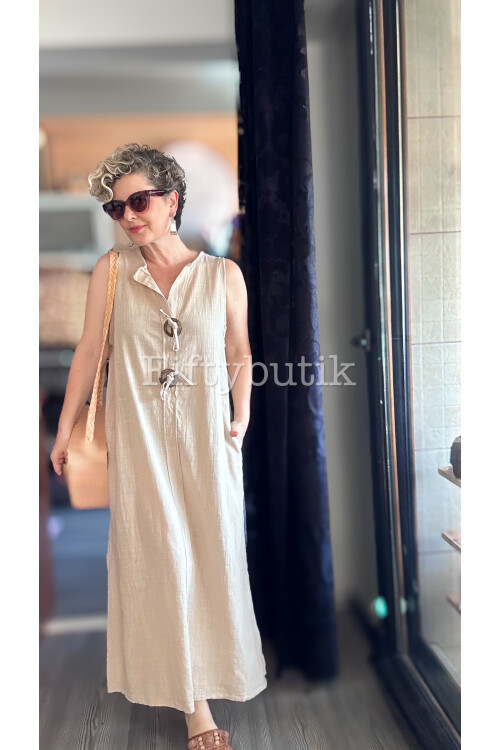 Ronni Tasarım Düğme Detay Kolsuz Elbise Beige