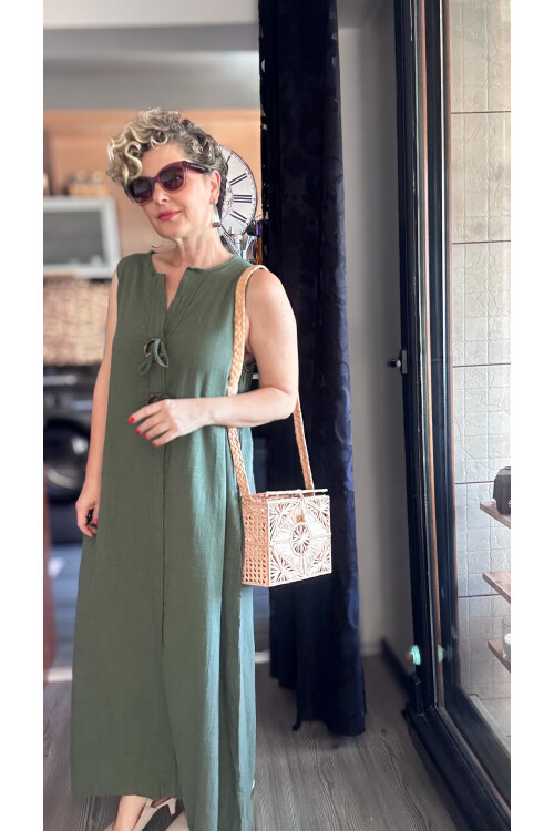 Ronni Tasarım Düğme Detay Kolsuz Elbise Haki