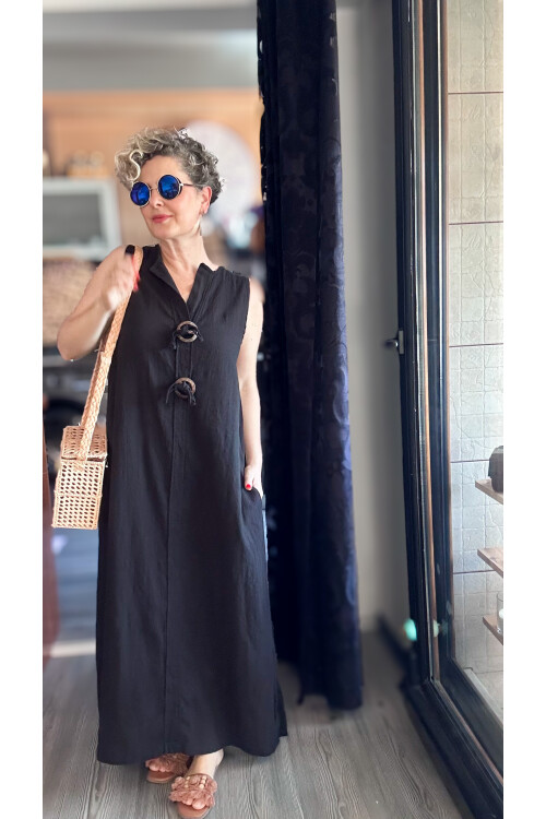 Ronni Tasarım Düğme Detay Kolsuz Elbise Siyah