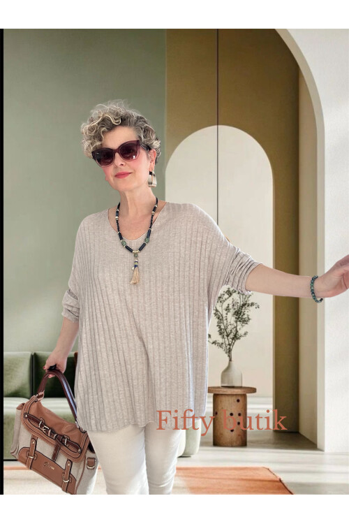 Rossi İtalyan Fularlı Tasarım Triko Bluz Beige