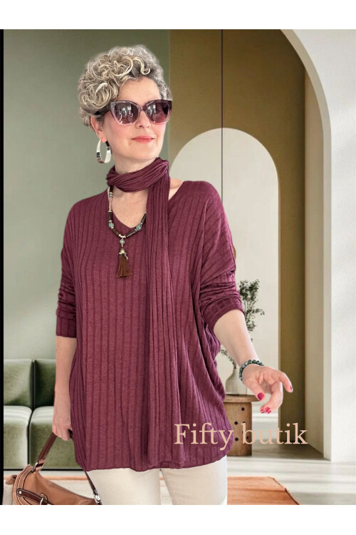 Rossi İtalyan Fularlı Tasarım Triko Bluz Bordo