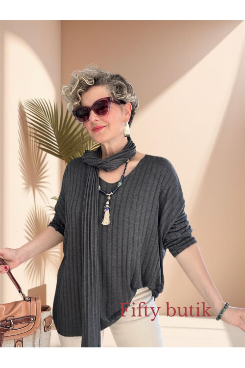 Rossi İtalyan Fularlı Tasarım Triko Bluz Dark Grey