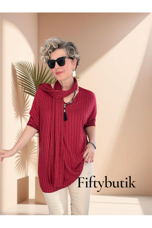 Rossi İtalyan Fularlı Tasarım Triko Bluz İndian Red