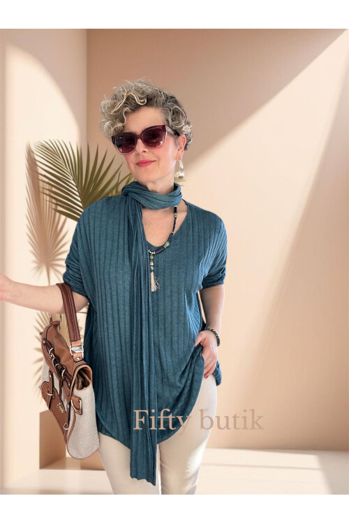 Rossi İtalyan Fularlı Tasarım Triko Bluz Petrol Mavi