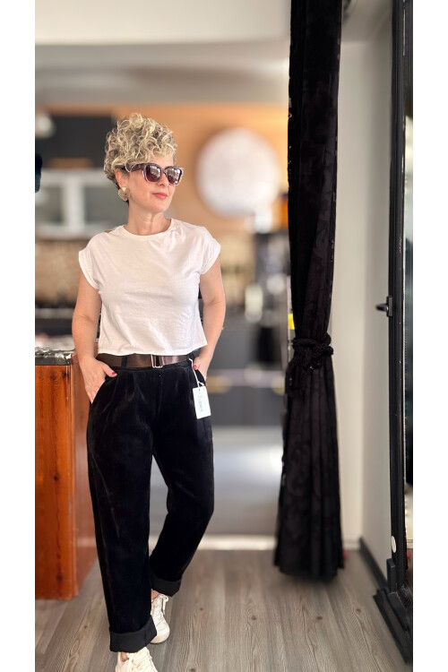 Sello İtalyan Şönil Kemerli Pantolon Siyah