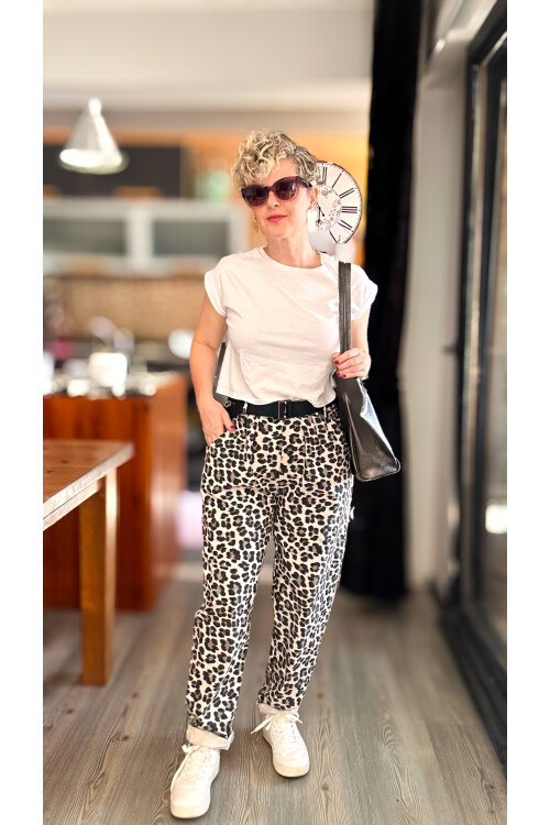 Senly İtalyan Leopar Kemerli Pantolon Bej