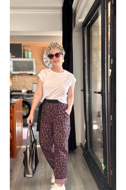 Senly İtalyan Leopar Kemerli Pantolon Bordo