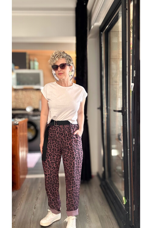 Senly İtalyan Leopar Kemerli Pantolon Bordo