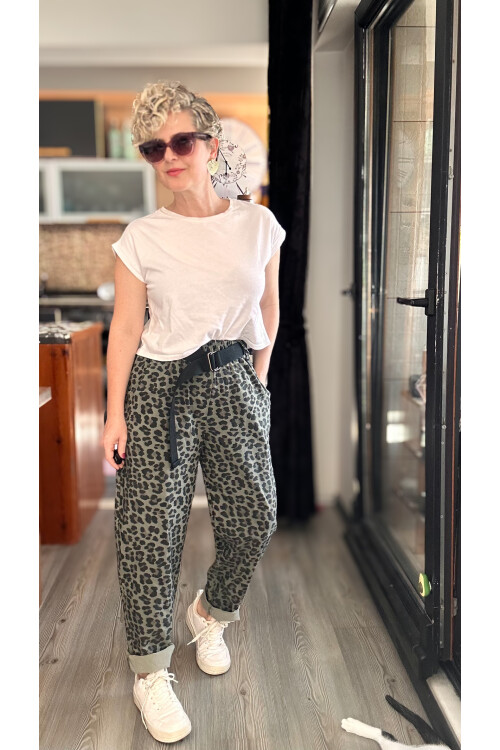 Senly İtalyan Leopar Kemerli Pantolon Haki