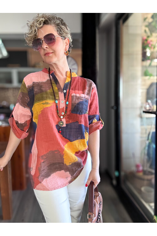 Senso Patchwork Desen İtalyan Gömlek Gül Kurusu