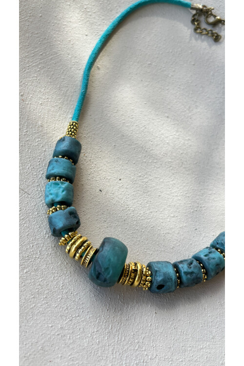 Luminous Pirinç Cam Etnik Kolye Turkuaz