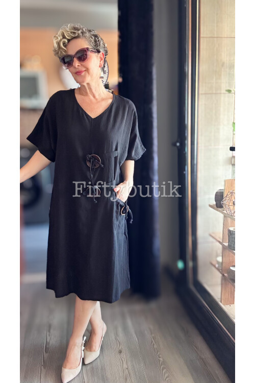 Sienta Tasarım Rustik İp Detay Elbise Siyah