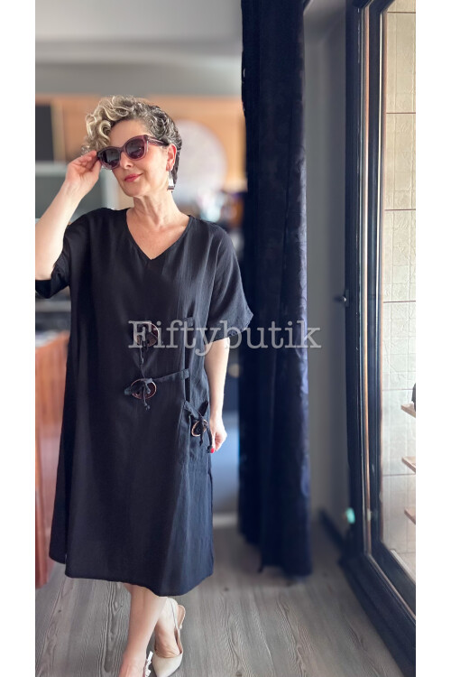 Sienta Tasarım Rustik İp Detay Elbise Siyah