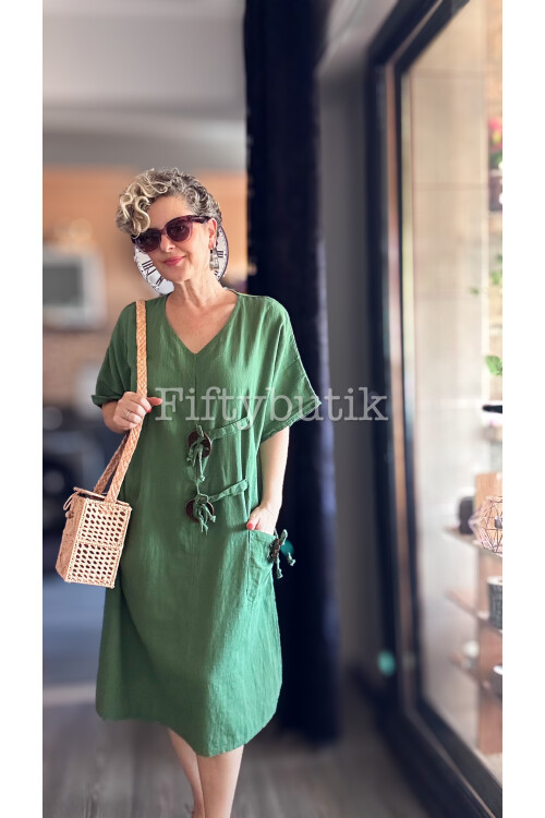 Sienta Tasarım Rustik İp Detay Elbise Yeşil