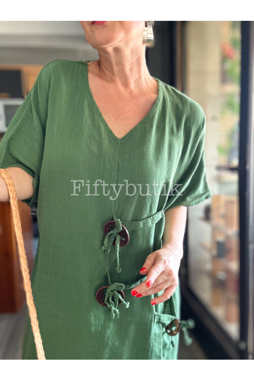 Sienta Tasarım Rustik İp Detay Elbise Yeşil