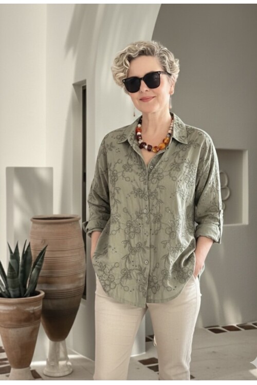 Taffi İtalyan Fisto Pul Detay Gömlek Haki Yeşil