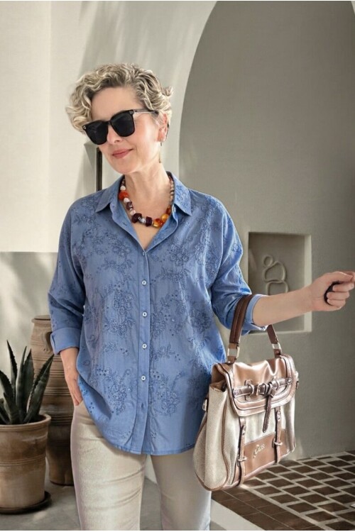 Taffi İtalyan Fisto Pul Detay Gömlek İndigo Mavi