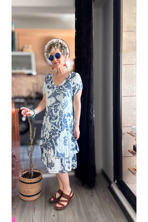 Tassi İtalyan Lotus Desenli Elbise Açık Mavi