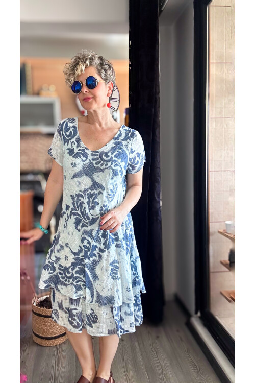 Tassi İtalyan Lotus Desenli Elbise Açık Mavi