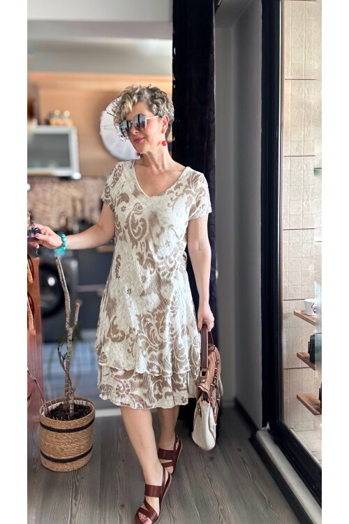 Tassi İtalyan Lotus Desenli Elbise Beige