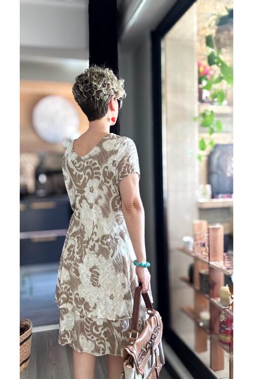 Tassi İtalyan Lotus Desenli Elbise Beige