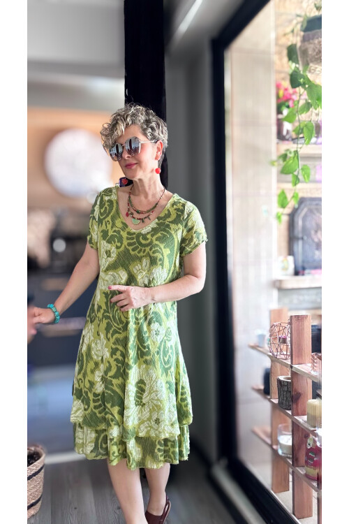 Tassi İtalyan Lotus Desenli Elbise Fıstık Yeşil