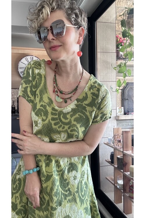 Tassi İtalyan Lotus Desenli Elbise Fıstık Yeşil