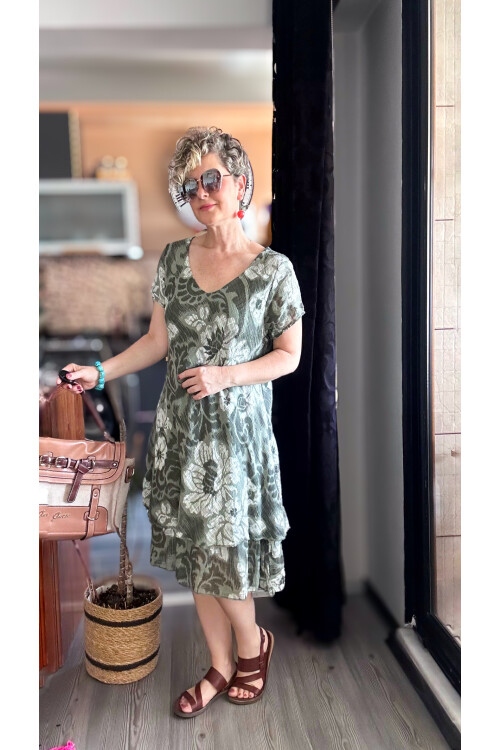 Tassi İtalyan Lotus Desenli Elbise Haki Yeşil