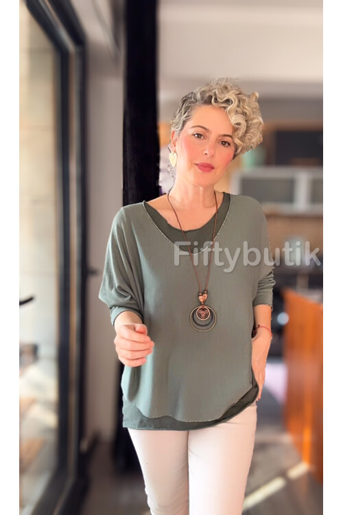 Terro İtalyan Düz Desen Kolyeli Bluz Haki