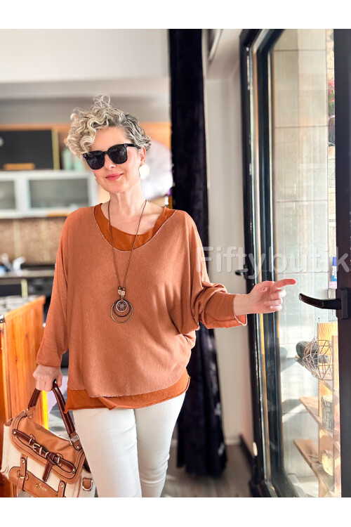 Terro İtalyan Düz Desen Kolyeli Bluz Kiremit